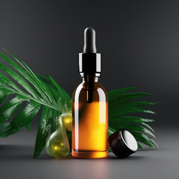 Bottles of essential oils with leaves black background