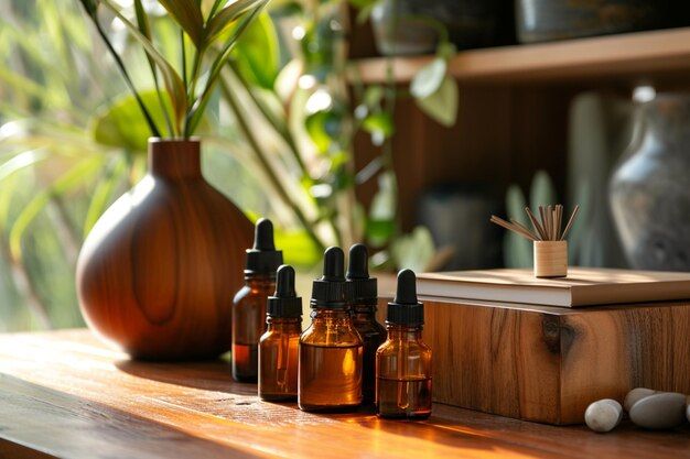 bottles of essential oils on a wooden table with a vase of flowers generative ai