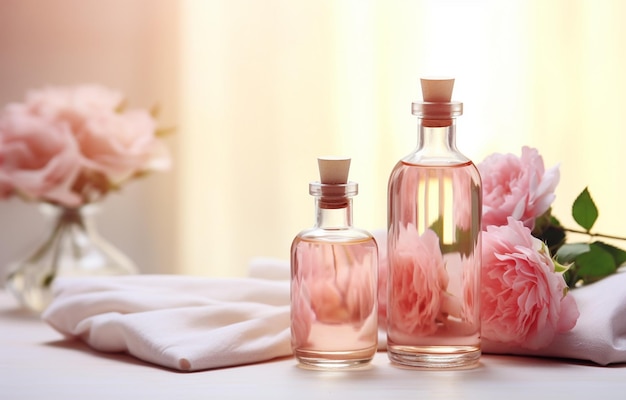 Bottles of essential rose oil and flowers on wooden table