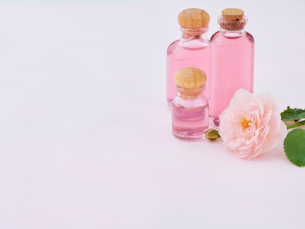 Bottles of essential rose oil