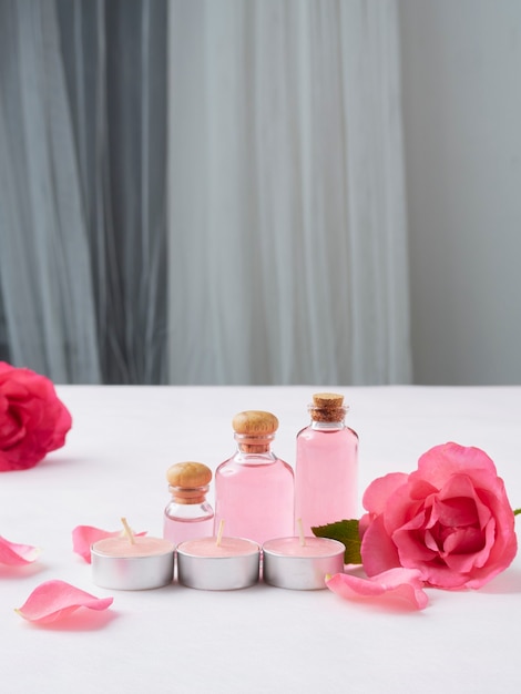 Bottles of essential rose oil