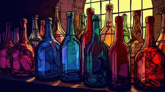 Bottles of fine wine in a cellar Fantasy concept Illustration painting