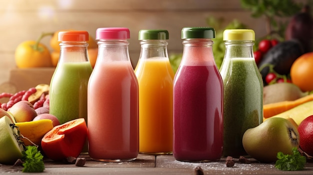 Bottles of fresh fruit and vegetable juices Detox diet