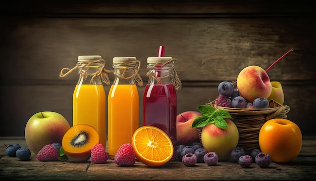 Photo bottles of fruit juice and smoothie with fresh fruits on wooden table generative ai
