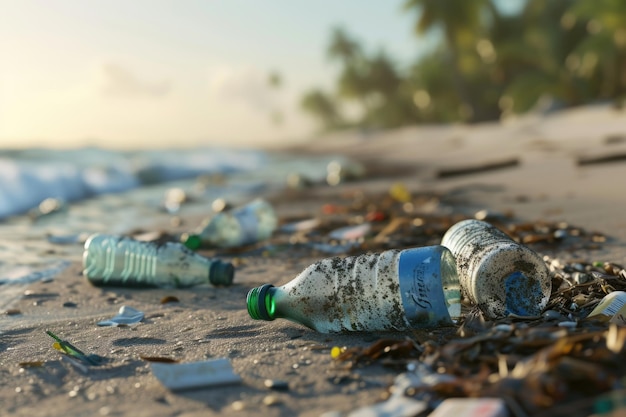 bottles and garbage waste on the beach