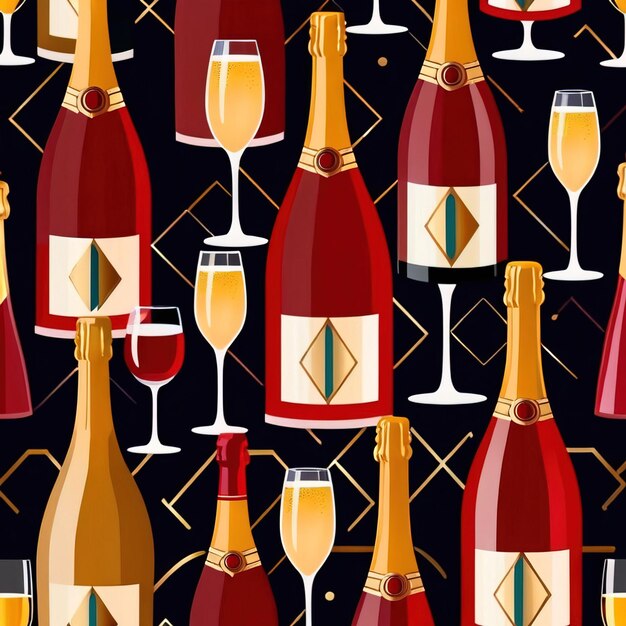 Bottles and glasses of champagne and wine in party celebration environment retro vintage art deco