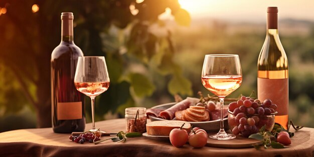 Bottles and glasses of pink rose wine with snack board on table on summer romantic evening