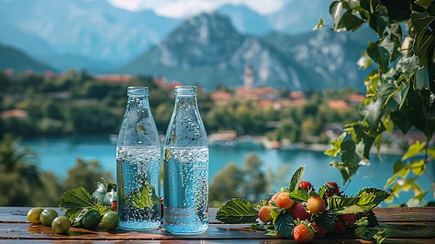Bottles and glasses of pure mineral water with a mountain landscape in the background