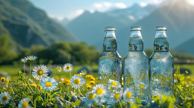 Bottles and glasses of pure mineral water with a mountain landscape in the background