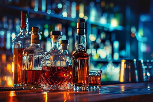 Bottles and glasses of whiskey on the bar counter in a nightclub