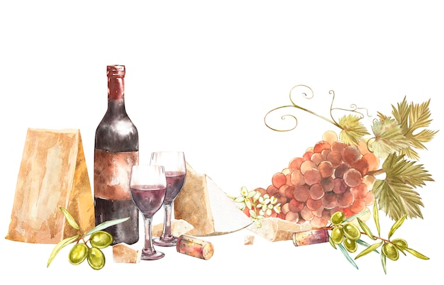 Photo bottles and glasses of wine and leaves of grapes