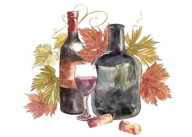 Bottles and glasses of wine and leaves of grapes