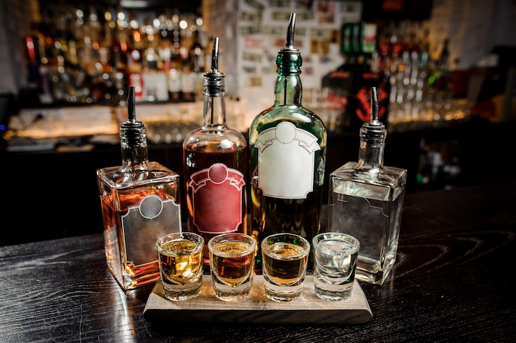 Photo bottles and glasses with alcoholic drinks on the bar counter