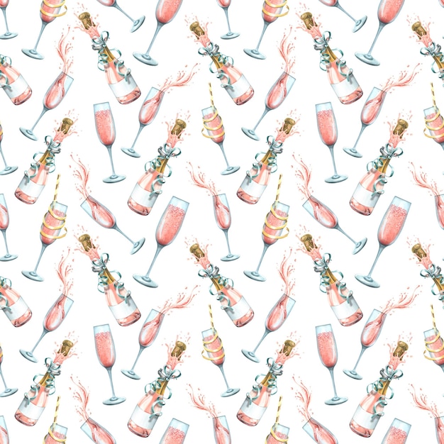 Bottles and glasses with pink champagne with festive ribbons Watercolor illustration Seamless pattern on a white background from a large set of HAPPY BIRTHDAY For congratulations and gifts