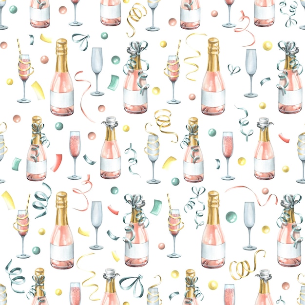お祝いのリボンとピンクのシャンパンのボトルとグラス 水彩イラスト おめでとうと贈り物の大規模なセットから白い背景にシームレスなパターン