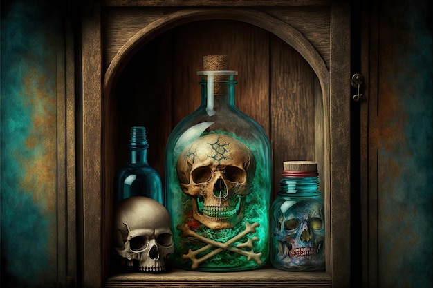 Bottles and human skull inside old wooden cupboard background created with generative ai