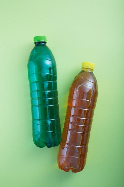 Bottles of ice tea, top view