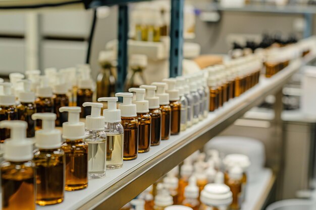 Photo bottles of liquid and other items on a shelf in a laboratory generative ai