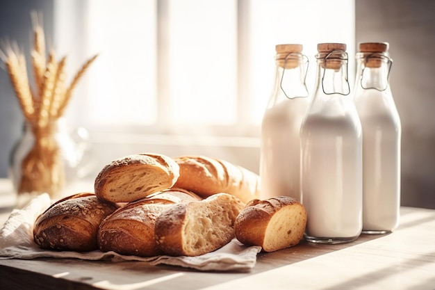 Bottles of milk next to a bottle of milk.