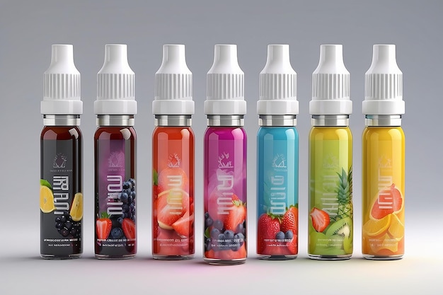 Photo bottles mock up with tastes for an electronic cigarette with different fruit flavors