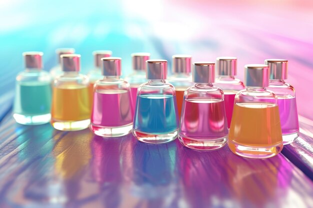 Bottles of nail polish on a colorful wooden table