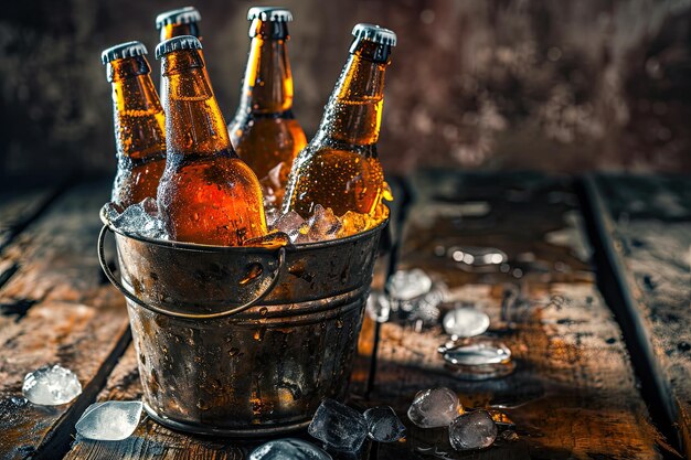 写真 暗い木製の背景のバケツに冷たいビールのボトル