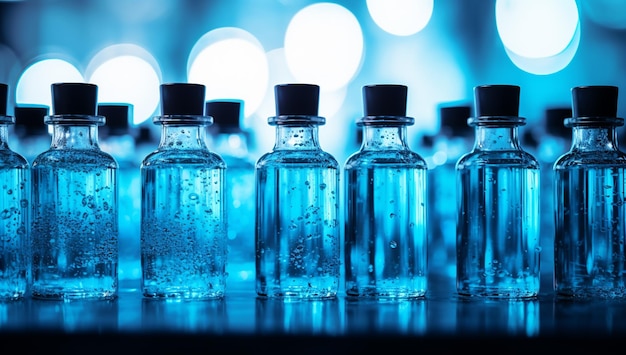写真 背景のライトでテーブルに並んだ青い液体のボトル