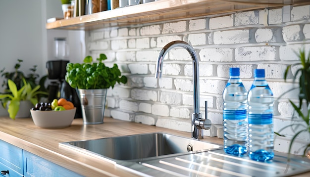 Фото Бутылки с чистой водой и раковина на кухонном столе рядом с белой кирпичной стеной
