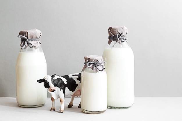 写真 新鮮なミルクのボトルと牛の置物