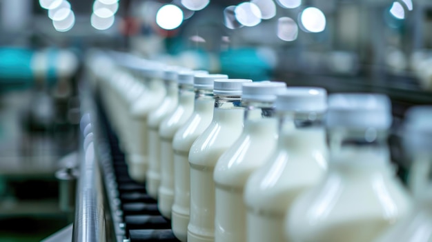 Фото Бутылки с молоком на промышленной сборочной линии на фабрике во время всемирного дня молока