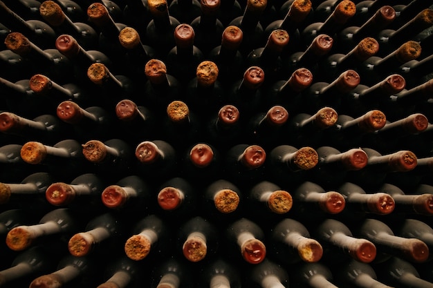 Bottiglie di vino vecchio in cantine polverose vecchie bottiglie di vino in cantina