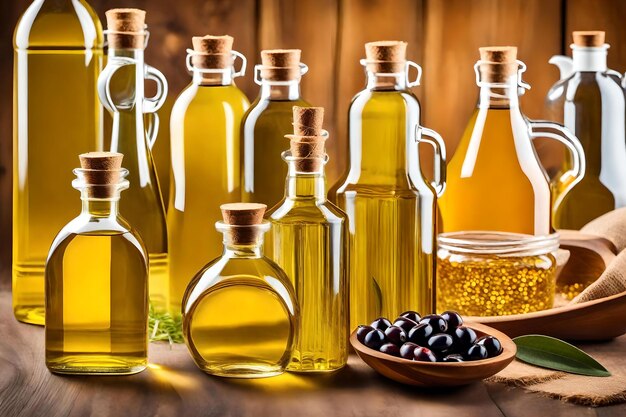 Bottles of olive oil and a bowl of olive oil