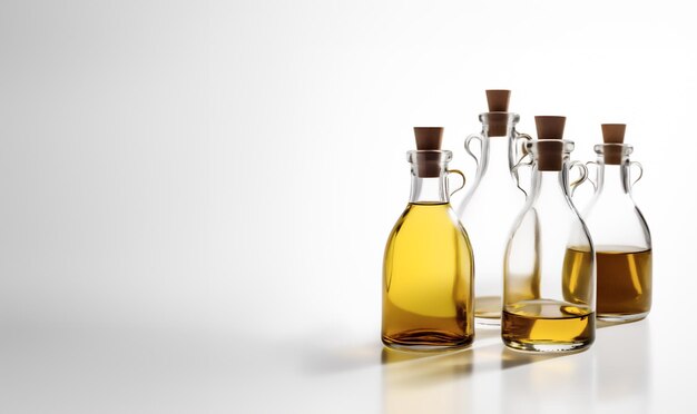 Bottles of olive oil Glass bottles with olive sunflower oil on a gray background