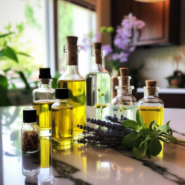 Bottles of olive oil and lavender flowers on a counter top generative ai