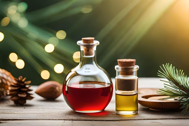 Bottles of olive oil and nuts on a wooden table