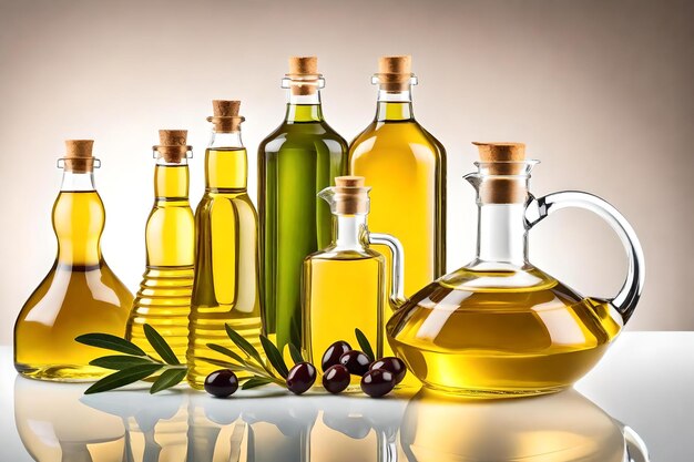 Bottles of olive oil and olive oil on a table