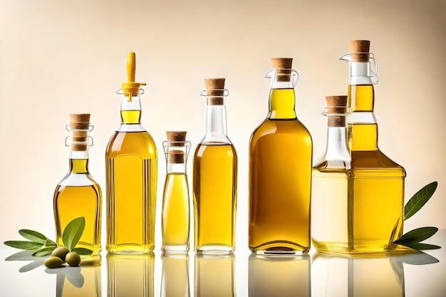 Bottles of olive oil with a green leaf on the top