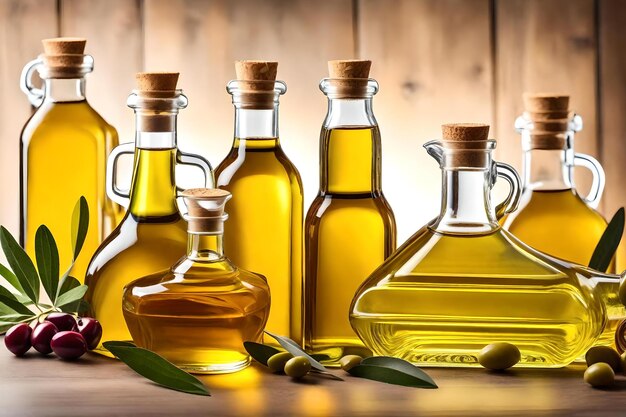 Bottles of olive oil with olive oil on a wooden table