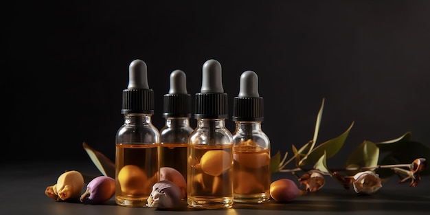 Bottles of orange liquid with a black background