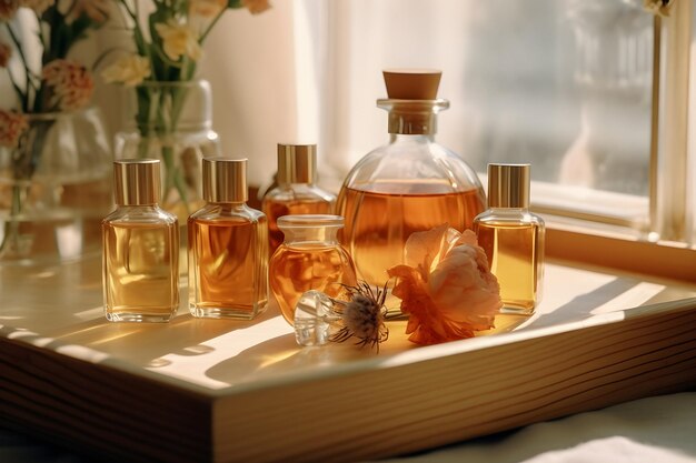 Photo bottles of perfume on window sill in morning sunlight closeup