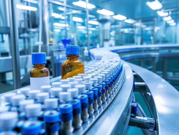 Photo bottles on pharmaceutical production line