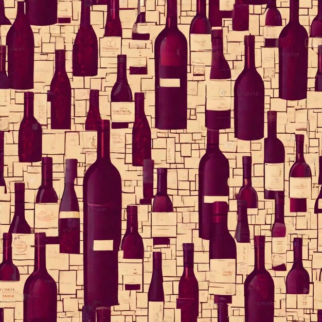 Bottles of red wine in a mosaic background Seamless pattern