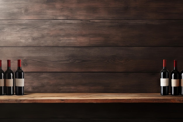 Bottles of red wine on a wooden shelf Copy space for winery