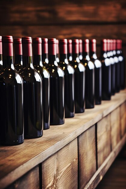 bottles of red wine on a wooden shelf