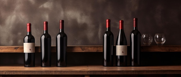 Bottles of red wine on a wooden shelf