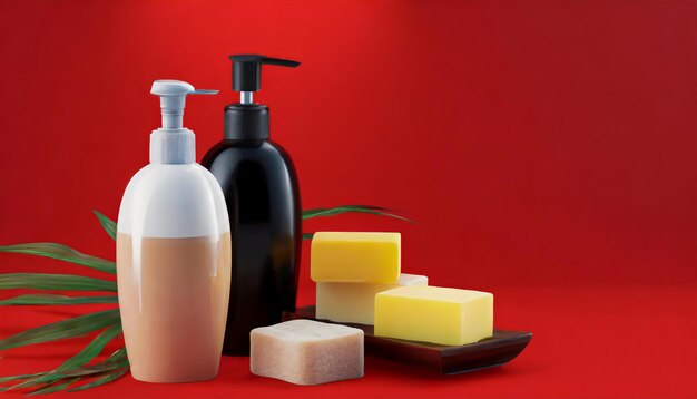 Bottles of shampoo and soap bars on red background with copy space