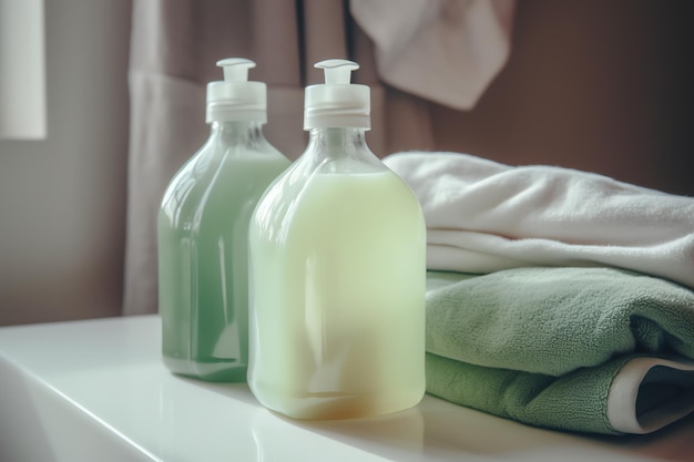 Bottles of soap next to towels on a table.