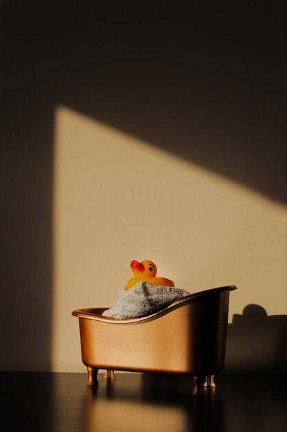 Photo bottles of soap with a cute duck on a light background