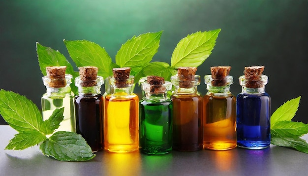 Photo bottles of spa oils on the table in the leaves on the green background