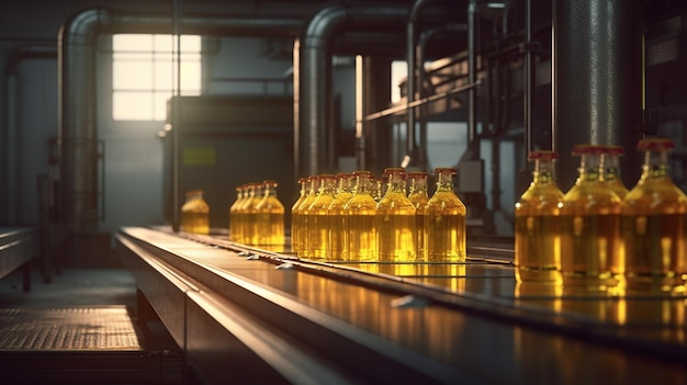 Бутылки подсолнечного масла на конвейерной ленте завода Generative Ai